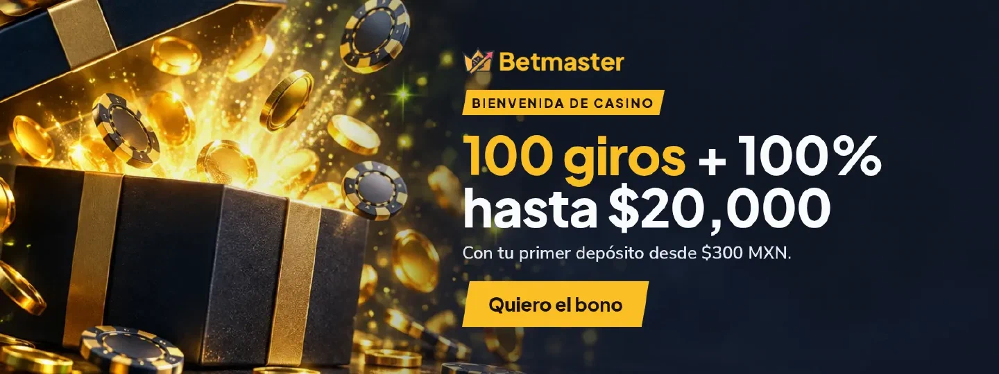 Bienvenida de casino Betmaster: 100 giros y 100% hasta $20,000